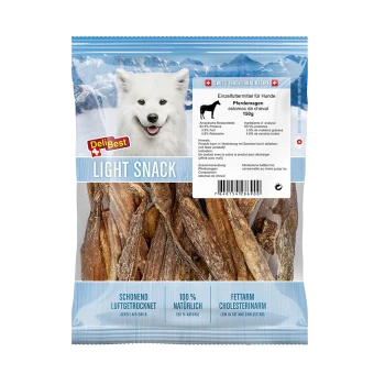 Tüte DeliBest 'LIGHT SNACK' luftgetrocknete Hundesnacks (Pferdemagen) mit lächelndem weißen Hund und Schweizer Etikett.