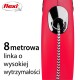 Czerwona, zwijana smycz dla psa z trwałym przewodem o długości 8 metrów, z logo marki "flexi" i polskim tekstem o jej wytrzymałości.