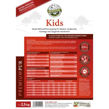 Tierfutterpaket "BELLFOR Kids" für wachsende Hunde, 2,5 kg, 65% Protein, mit Huhn, Reis, Cranberries und Fütterungshinweisen.