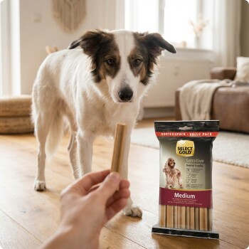 Main tenant un bâtonnet dentaire vers un chien attentif dans le salon à côté d'un sac étiqueté « Select Gold Sensitive Medium Value Pack ».