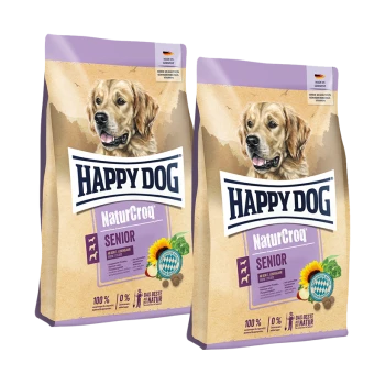 Deux sacs de nourriture pour chiens Happy Dog NaturCroq Senior avec une image de golden retriever et de tournesol, fabriqués en Allemagne.