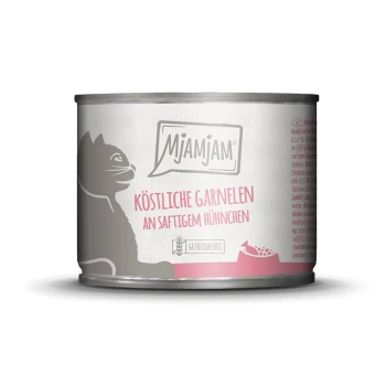 Boîte de nourriture pour chats avec des crevettes et du poulet tendre, étiquetée "Mjamjam", avec le texte "Köstliche Garnelen an saftigem Hühnchen."