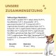 Bild eines Hundes mit herausgestreckter Zunge neben einer detaillierten Zutatenliste für ein komplettes Nassfutter für Hunde, das Huhn, Brühe und Algen hervorhebt.