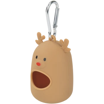 Tan silicone reindeer-shaped pet treat/dispenser with red nose, black eyes, open mouth hole and silver carabiner clip.