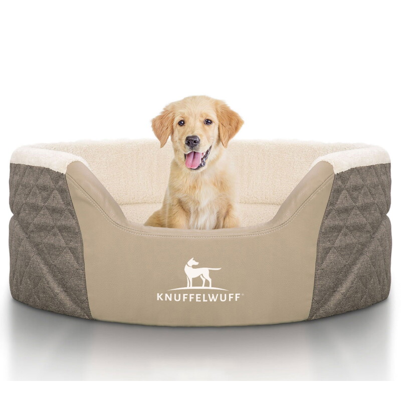Knuffelwuff Orthopädisches Hundebett Lena aus Velours und Kunstleder mit hohem Schaumstoffrand braun/ beige XL