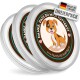 Drei Haustierfutterschalen mit einem glücklichen Cartoonhund, deutschem Text "Danke, dass du mich fütterst," und einem "3er SET" Etikett.