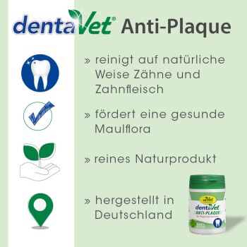 dentaVet Anti-Plaque Dentalprodukt für Haustiere, das natürliche Reinigung, gesunde Mundflora und Herstellung in Deutschland hervorhebt.