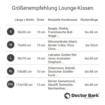 Größenvorschlag-Diagramm für Lounge-Kissen, das Abmessungen, Dicke, Hunderassenbeispiele und maximale Rückenlängen auflistet, gebrandet von Doctor Bark.