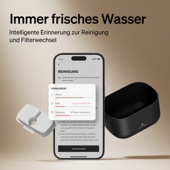 Intelligente Haustier-Wasserfontäne mit einer Smartphone-App, die Erinnerungen zum Reinigen und Wechseln des Filters anzeigt, mit einem Filter und einem eleganten schwarzen Design.