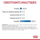 Tableau des constituants analytiques montrant 10,0 % de protéines, 2,1 % de graisses, 1,7 % de cendres, 1,2 % de fibres et 82,0 % d'humidité.