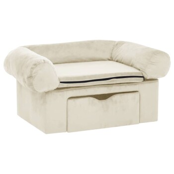 Cremefarbener Haustiersofa mit abgerundeten Armlehnen und einem abnehmbaren Kissen, mit einer Schublade zur Aufbewahrung darunter.