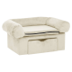 Cremefarbener Haustiersofa mit abgerundeten Armlehnen und einem abnehmbaren Kissen, mit einer Schublade zur Aufbewahrung darunter.