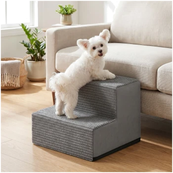 Kleiner weißer, flauschiger Hund klettert eine graue Haustiertreppe mit zwei Stufen neben einem beigefarbenen Sofa in einem sonnendurchfluteten Wohnzimmer hinauf.