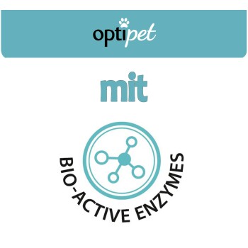 Logo von "optipet" oben, mit dem Wort "mit" darunter, und einem runden Emblem mit dem Text "BIO-AKTIVE ENZYMEN."