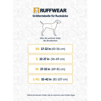 Größentabelle für Ruffwear-Hunderrucksäcke, die Maße für die Größen XS, S, M und L/XL mit entsprechenden Zoll- und cm-Bereichen zeigt.