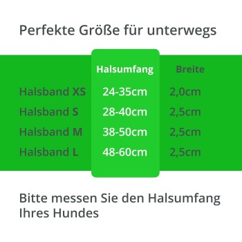 Größentabelle für Hundehalsbänder auf Deutsch, die Größen XS bis L mit Halsumfang und Breitenmessungen auflistet.
