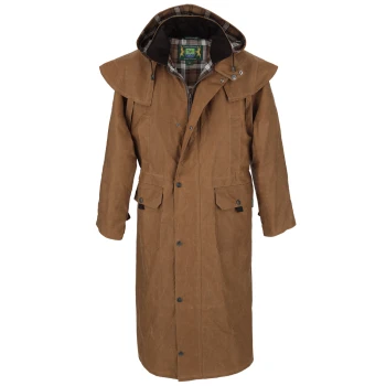 Brauner gewachster Baumwollmantel mit Kapuze und kariertem Futter, mit vorderen Knöpfen und Klappentaschen.