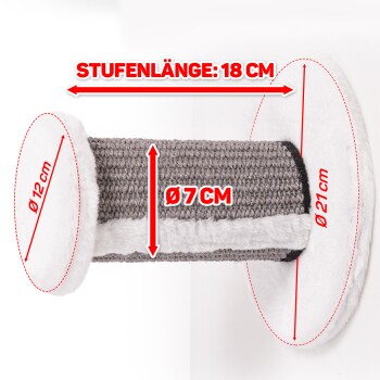 Kratzbaum für Katzen mit den Maßen: Basisdurchmesser 21 cm, Pfosten-Durchmesser 7 cm, Höhe 12 cm und Stufenlänge 18 cm.
