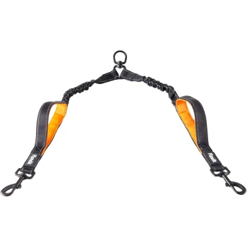 Schwarze und orange Bungee-Hundeleine mit gepolsterten Griffen und Metallclips für eine sichere Befestigung.