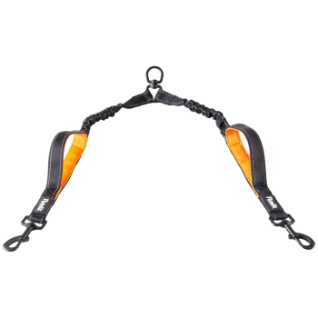 Schwarze und orange Bungee-Hundeleine mit gepolsterten Griffen und Metallclips für eine sichere Befestigung.