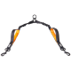 Schwarze und orange Bungee-Hundeleine mit gepolsterten Griffen und Metallclips für eine sichere Befestigung.