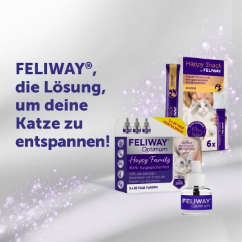 Feliway Optimum Beruhigungsprodukte für Katzen mit Diffusor und Leckerlis; deutscher Slogan: „FELIWAY...entspannen!“