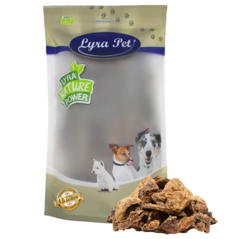 Verpackung von Lyra Pet Hundeleckerlis mit dem Text "100% natürlich" und "Lyra Nature Power", mit Bildern von drei Hunden und einem Haufen Leckerlis davor.