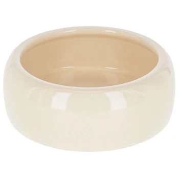 Kremowa ceramiczna miska dla zwierząt z gładkim, błyszczącym wykończeniem, o zaokrąglonym kształcie i bez widocznego tekstu.