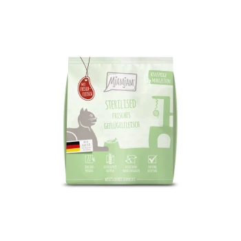 Grüner MjAMjAM-Katzenfutterbeutel mit Katzensilhouette, sichtbarem Text 'STERILISED FRISCHES GEFLÜGELFLEISCH', rotem 'MIT FRISCHFLEISCH'-Anhänger und deutscher Flagge.
