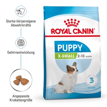 Royal Canin Puppy X-Small Hundefutterbeutel, geeignet für Welpen im Alter von 2-10 Monaten, mit einer Illustration eines kleinen Hundes und ernährungsphysiologischen Vorteilen.