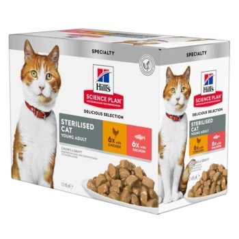 Hill's Science Plan Leckere Auswahl für sterilisierten Katzen, mit einer roten Katze auf der Verpackung, enthält 6 Packungen jeweils mit Huhn und Lachs.