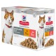 Hill's Science Plan Delicious Selection pour chats stérilisés, avec un chat roux sur la boîte, comprenant 6 paquets de poulet et de saumon.