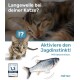 Verspielte Katze mit Text, der fragt, ob Ihre Katze gelangweilt ist, fördert Jagdinstinkte mit Katzenminze und zeigt ein Fischspielzeug und ein Qualitätssiegel.