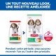 Aliment pour chiot Hill's Science Plan, sacs ancien et nouveau avec deux beagles ; texte en français «UN TOUT NOUVEAU LOOK, UNE RECETTE AMÉLIORÉE»