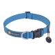 Blauer Hundehalsband mit strukturiertem Design, mit einer schwarzen Schnalle, einem metallenen D-Ring und einem Anhänger mit einem Hundelogo, beschriftet mit "RUFFWEAR."
