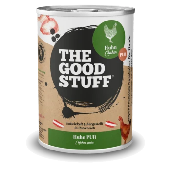 Dose Tiernahrung mit der Aufschrift 'THE GOOD STUFF', 'Huhn PUR' (reines Huhn), Hühnerillustration und 'Made in Austria'-Band.