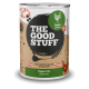 Dose Tiernahrung mit der Aufschrift 'THE GOOD STUFF', 'Huhn PUR' (reines Huhn), Hühnerillustration und 'Made in Austria'-Band.