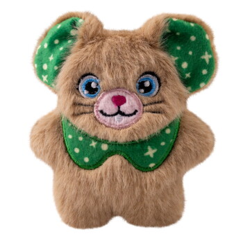 Plush brown mouse toy with blue eyes, pink nose, green ears, and collar with star patterns on a white background.
