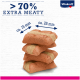 Empilement de trois friandises pour animaux de compagnie à base de viande, étiquetées ">70% EXTRA MEATY," avec des dimensions indiquées comme "ca. 15 mm" et "ca. 25 mm."