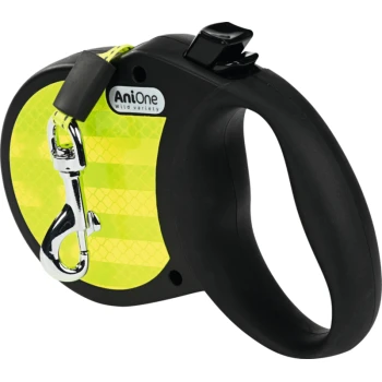 Eine schwarze einziehbare Hundeleine mit einem hellgelben Griff, der ein Wabenmuster aufweist, beschriftet mit 'AniOne Wild Variety.'