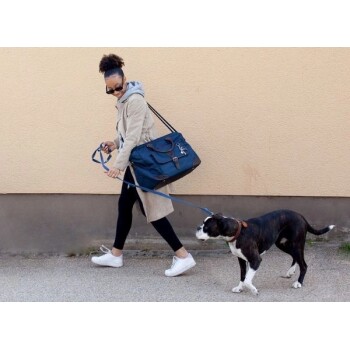 Eine Person führt einen schwarz-weißen Hund an der Leine und trägt eine große blaue Haustiertasche. Sie trägt einen beigen Mantel und weiße Sneakers.