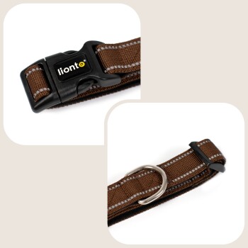 Brauner Haustierhalsband mit einer schwarzen Schnalle mit dem Logo "lionto" und einem silbernen D-Ring zur Leinenbefestigung.