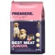 Sac de nourriture pour chiens avec deux chiots Labrador, étiqueté "Premiere. J'aime mon chien," avec des détails "Best Meat Junior" et "Huhn" (Poulet).