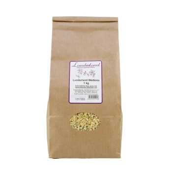 Braune Papiertüte mit "Lunderland Weißmix" Haustierfutter, 1 kg, mit einem transparenten Fenster, das gemischte Körner und Kräuter zeigt.