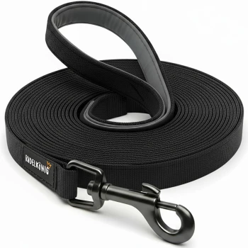 Schwarze Haustierleine, ordentlich aufgerollt, mit einem stabilen Clip und einem Etikett mit dem Text 'RUDELKÖNIG' in Weiß und Orange.