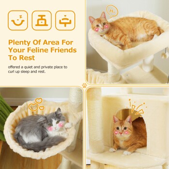 Drei Katzen auf beigem Plüsch-Kratzbaum; Text: "Plenty Of Area For Your Feline Friends To Rest".