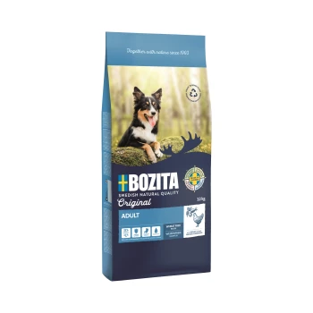 Sac de nourriture pour chien présentant un chien heureux sur une souche de mousse, étiqueté "BOZITA Original Adult", 12 kg, avec "Sans blé" et des informations nutritionnelles.