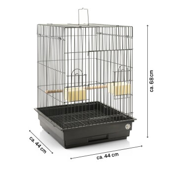 Vogelkäfig mit Abmessungen von etwa 44 cm Breite, 44 cm Tiefe und 68 cm Höhe, ausgestattet mit einer Holzstange und zwei Futterbechern.