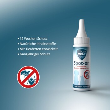 Natürlicher Floh- und Zeckenschutz für Haustiere in einer Flasche mit einem weißen Deckel, der 12 Wochen lang von Tierärzten entwickelten, ganzjährigen Schutz bietet.