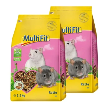 Zwei Säcke MultiFit-Rattenfutter, jeweils 2,5 kg, mit einem rosa Hintergrund und Bildern einer Ratte und einer Maus sowie einem herzförmigen Fenster, das das Futter zeigt.
